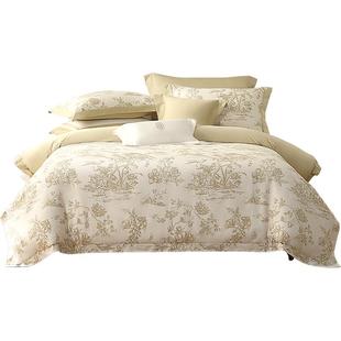 水星家纺60支长绒棉贡缎四件套抑菌轻奢套件法式印花被套床单