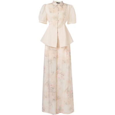 2025夏季新款新中式宽松显瘦短袖衬衫高腰碎花阔腿裤气质套装