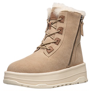 AUMU厚底男女雪地靴皮毛一体2025冬季新款增高防滑中筒侧拉链女靴