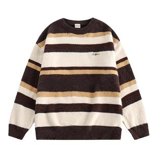@港仔文艺男 撞色条纹圆领毛衣男冬季日系宽松慵懒男生针织衫外套