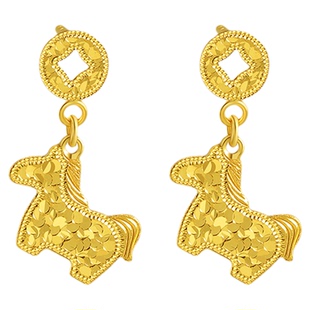 老庙黄金足金鳞甲金小马铜钱碎碎冰耳钉5G闪耀吸睛马上有钱招财