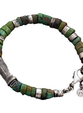 天然绿松石串珠氧化纯银复古手链