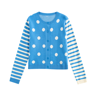 riverstone plus 甜美风波点拼接撞色条纹圆领毛衣女针织开衫外套