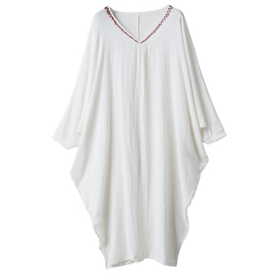 花椿诗意 棉麻袍子连衣裙亚麻V领文艺宽松长款加肥加大码禅意女装