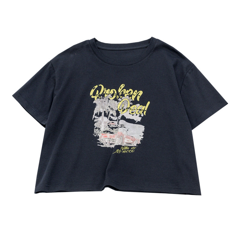 KNgs 夏季日系复古风宽松个性字母印花圆领短款短袖薄款t恤女上衣