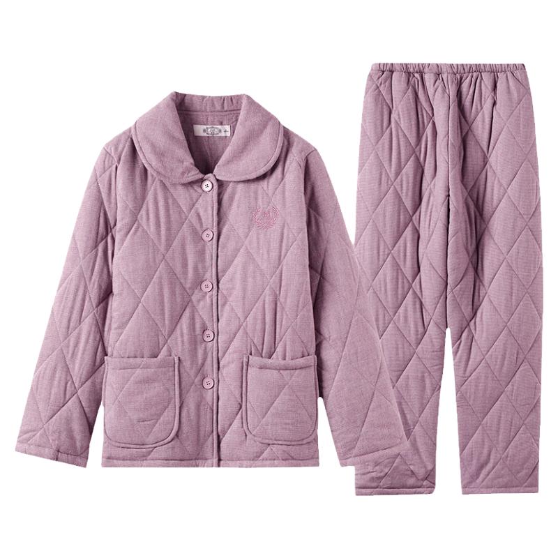 美标女士三层加厚夹棉纯棉家居服女秋冬新款保暖可外穿全棉质睡衣