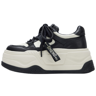 NOOWA拼色厚底休闲鞋女2025新款时尚真皮透气百搭增高舒适松糕鞋