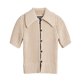 Desigual【Egonlab联名】米白粗针翻领短袖针织衫开衫