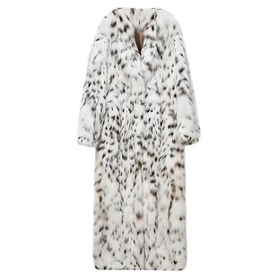 高奢西装领长款美国山猫绒高端皮草外套气质名媛环保水貂豹纹女