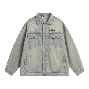 悟空有货美式潮牌花卉刺绣牛仔外套男女复古宽松情侣百搭水洗夹克