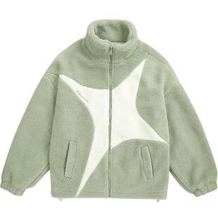 GUUK绿色外套潮牌男新款曹恩齐同款情侣拼接四芒星羊羔绒夹克宽松