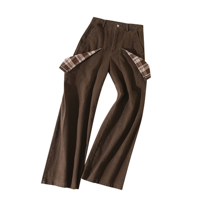 大于诗集 费洛蒙德 复古翻折口袋拼接工装裤女宽松显瘦直筒牛仔裤