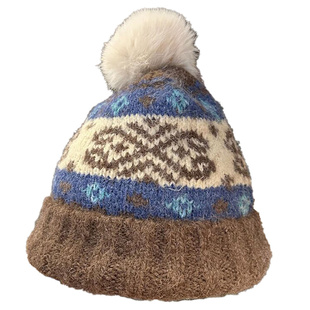 复古费尔岛风提花毛绒球针织帽子女2025新款秋冬季保暖护耳防寒潮