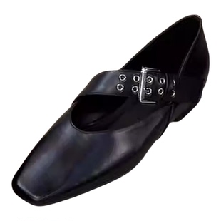 羊皮版~5cm内增高法式方头单鞋女新款黑色小皮鞋一字扣带玛丽珍鞋