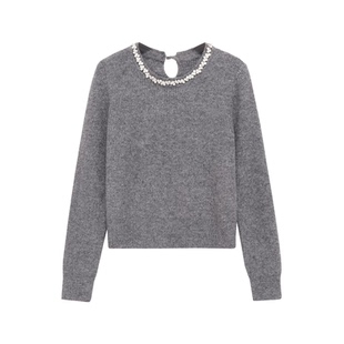 欧美风钻石领灰色圆领长袖针织衫女秋冬修身显瘦套头毛衣短款上衣