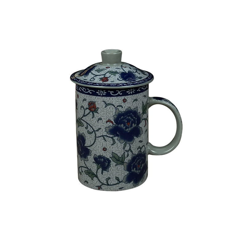 牡丹花陶瓷带盖子酒店宾馆口杯