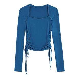 MULVAN方领坎肩长袖针织衫女春秋设计感抽绳收腰显瘦短款上衣