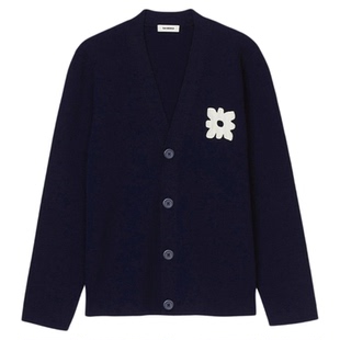 SANDRO2025秋冬男装时尚休闲深蓝色V领单排扣撞色花朵长袖针织衫