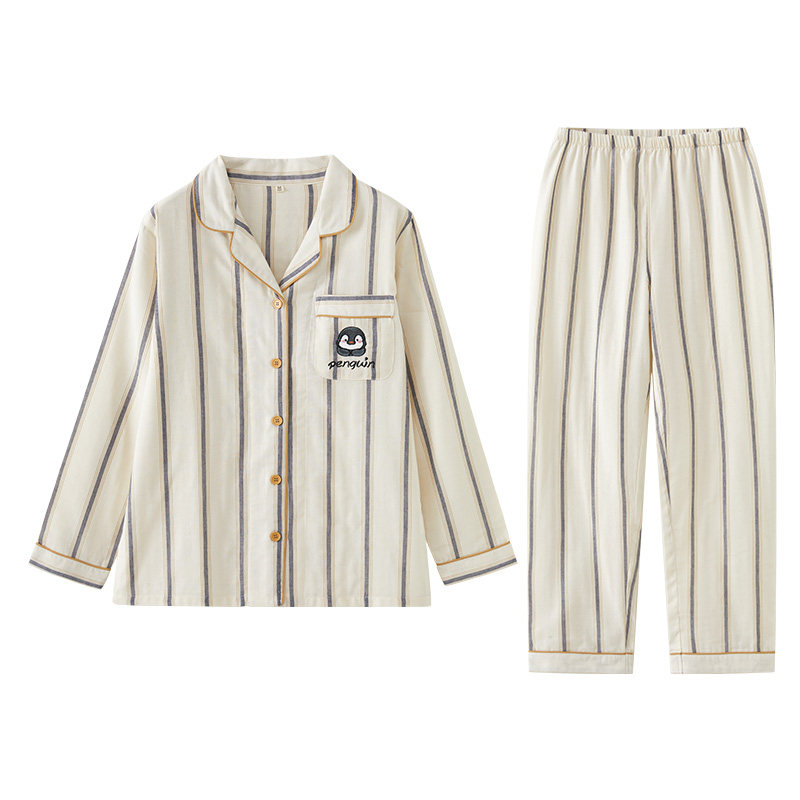 春秋季纯棉纱布情侣睡衣女长袖套装全棉家居服薄款两件套大码男款