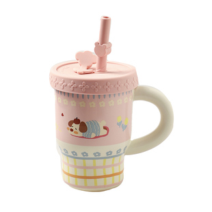 舍里吸管马克杯带盖卡通陶瓷水杯家用咖啡杯办公室喝水杯情侣对杯