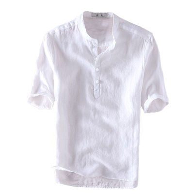 中国风盘扣立领套头五分袖亚麻衬衫男士休闲短袖薄款半袖棉麻衬衣