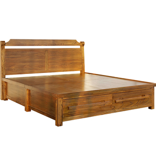 新中式榆木床厚重款时尚家具田园带抽屉储物箱体 1.8米实木双人床