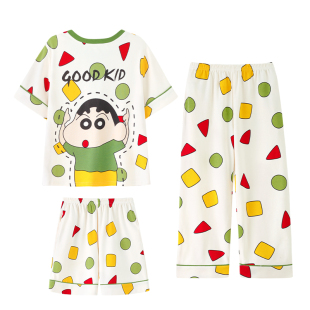 儿童睡衣男童夏季蜡笔小新纯棉短袖长裤薄款三件套装青少年家居服