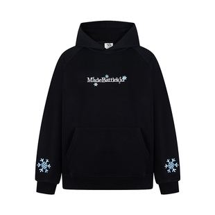 SREK新款休闲美式嘻哈风连帽卫衣女黑色雪花刺绣宽松情侣百搭上衣