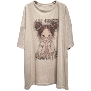 甜美短袖印图舒适竹节棉T恤女时尚春夏新款宽松显瘦v百搭中长上衣