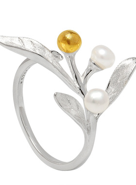 S925银珍珠浆果叶子戒指