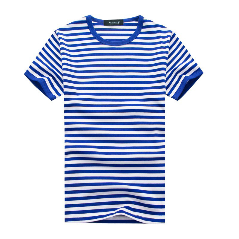 花花公子正品海魂衫条纹短袖t恤男蓝白条纹水手服纯棉半袖情侣装