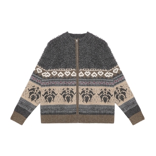 圈圈纱线 半圆女装[复古]2025秋冬宽松立领费尔岛图案针织毛衣女