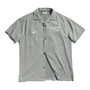 马登工装法式复古短袖衬衫桃皮绒美式宽松阿美咔叽衬衣古巴领男夏