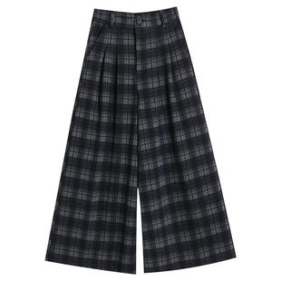 黑色格子阔腿裤子女春秋2026新款高腰宽松休闲直筒加厚八分羊毛呢