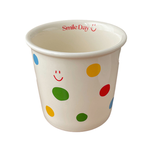 可爱波点笑脸咖啡杯带盖密封陶瓷吸管杯水杯夏天外带家用杯子迷你