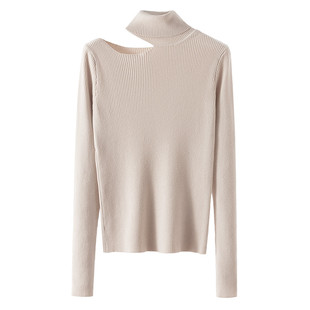 露肩毛衣女性感上衣打底衫秋冬心机百搭修身漏单肩挂脖长袖针织衫