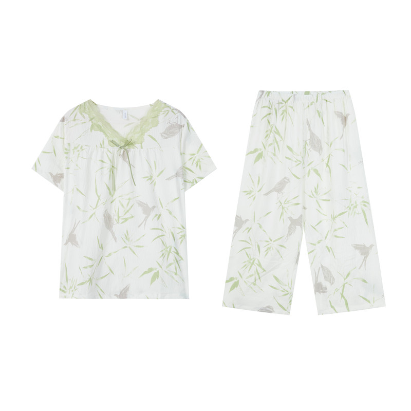 香蜜闺秀特价女士居家服套头圆领梭织牛奶丝短袖七分裤套装睡衣女