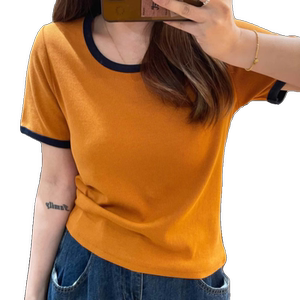 大码设计感U领撞色短袖T恤女夏季胖MM宽松显瘦遮肚水滴领正肩上衣
