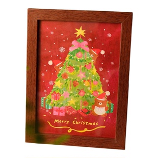 圣诞节桌面摆台画木框插画 一朵苗原创圣诞花环圣诞树手绘装饰画