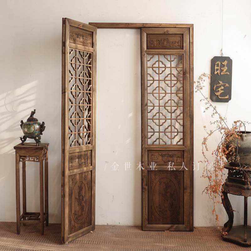 海棠中式实木仿古做旧木门东阳木雕花格屏风隔断雕花店铺对开门窗