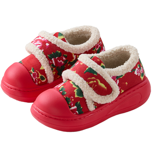 东北大花棉拖鞋女冬季新款加绒保暖棉鞋防滑包跟厚底魔术贴棉窝子