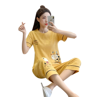 睡衣女新款2026纯棉夏天短袖可爱女生七分裤套装薄款卡通家居服夏