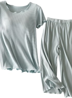 带胸垫七分裤螺纹棉休闲家居服