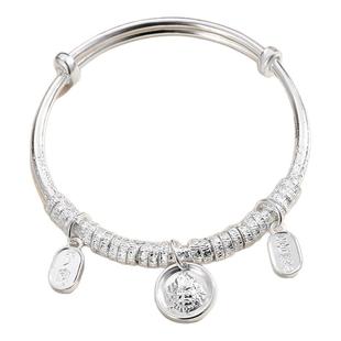 纯银黄财神盘缠手镯女实心手工锤纹平安喜乐足银镯子女友生日礼物