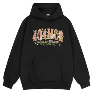 404MOB重工花卉蝴蝶刺绣美式连帽卫衣男女款潮流宽松秋季帽衫上衣