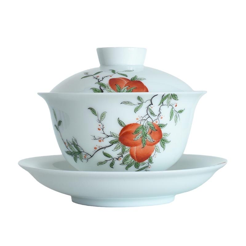 百弘 手繪三才蓋碗茶杯大號 景德鎮(zhèn)陶瓷功夫茶具高檔單個泡茶碗