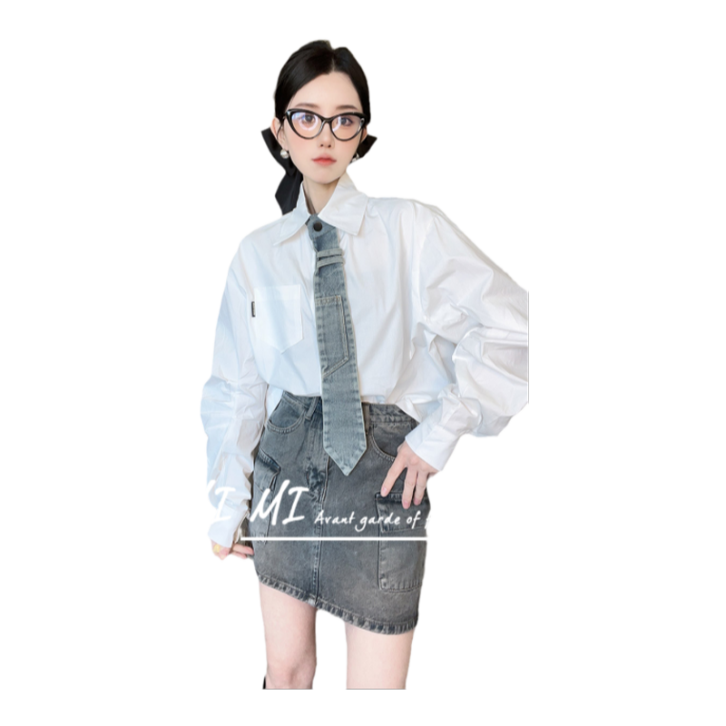 RR fshion 2024夏季新款欧洲站衬衫女翻领拼接牛仔领带长袖上衣
