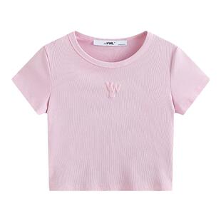 VWL印花短袖T恤女款字母短款上衣女士修身T恤夏季款水洗做旧短袖