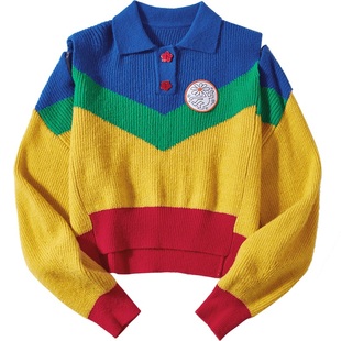 EPTISON针织上衣女2025秋季新款彩虹条纹设计感宽松套头毛衣