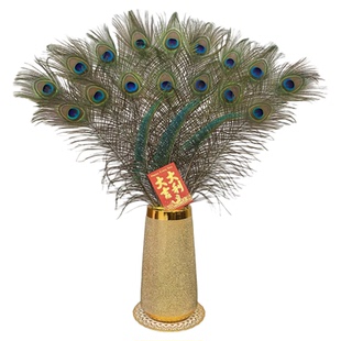 孔雀开屏吉祥摆件马年贺岁陶瓷花瓶真孔雀羽毛玄关客厅真孔雀翎毛